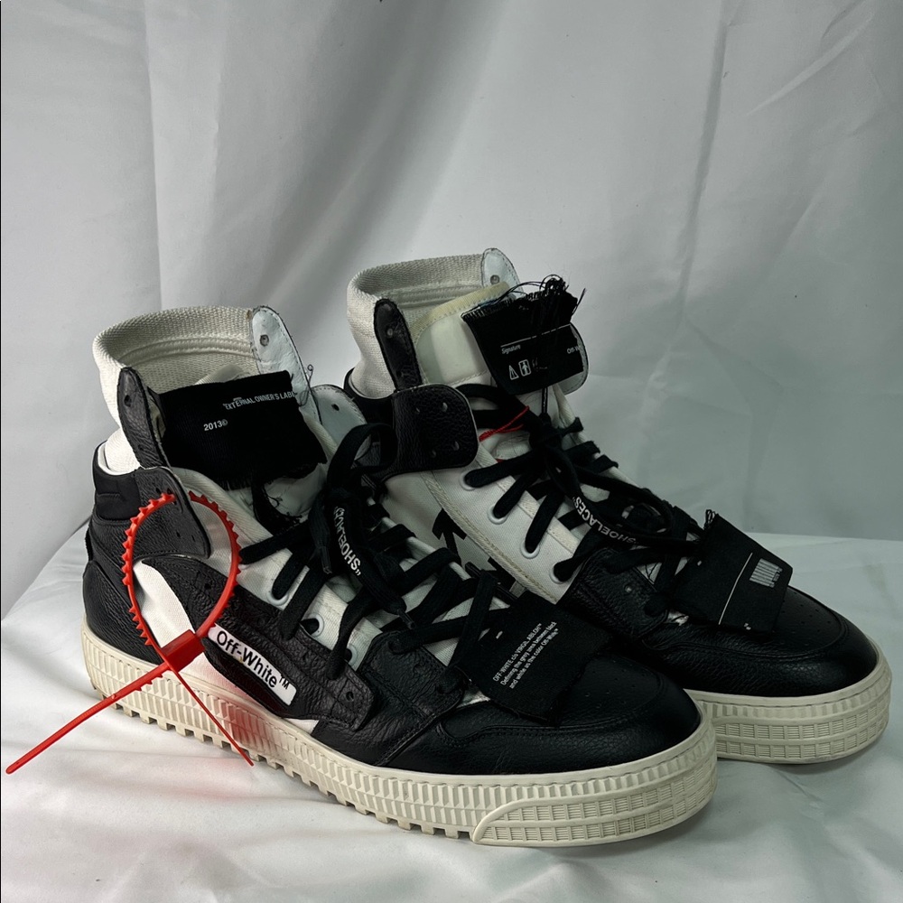 Off-White Monochrome High-Top Sneakers with Red Tag